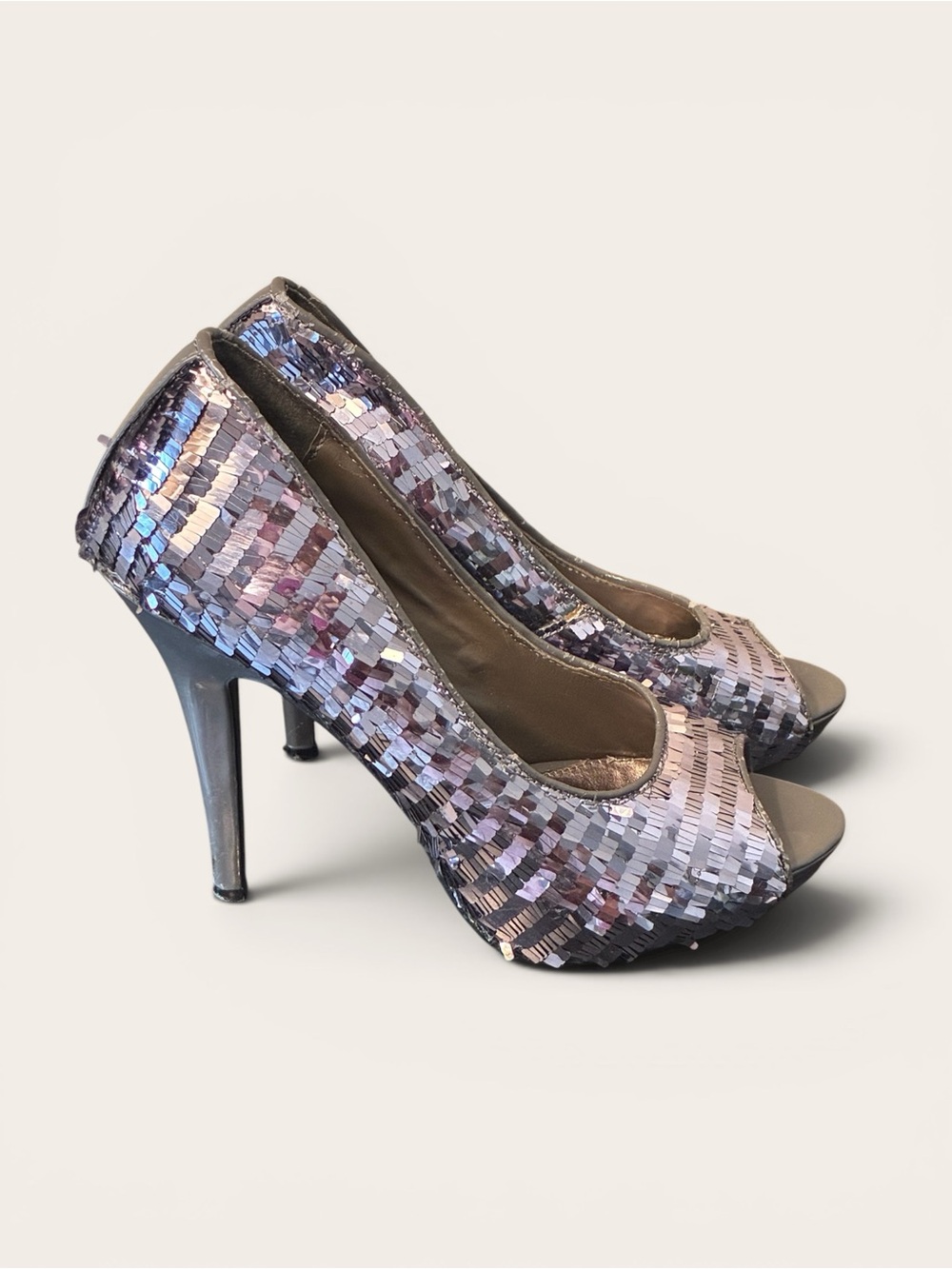 Dereon Iridescent Lavender Sequin Peep-Toe Heels